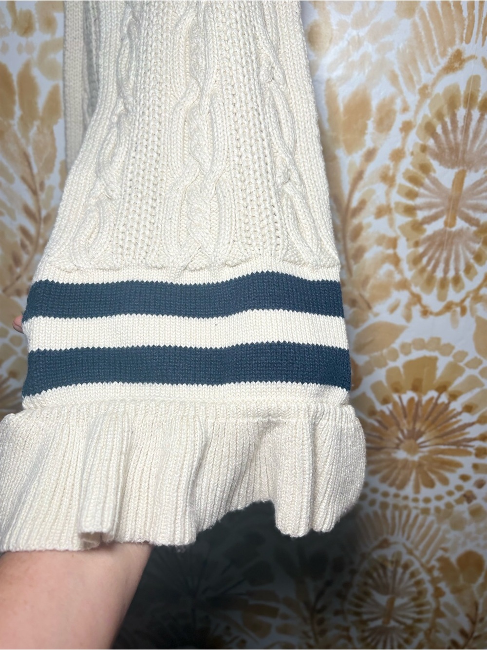 Polo Ralph Lauren Cable Knit Scarf Cream Navy Stripe Ruffle Trim Pink Pony Soft - Picture 6 of 9